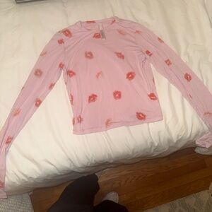 SKIMS Pink Long Sleeve Pajama Top with Red Lip Print